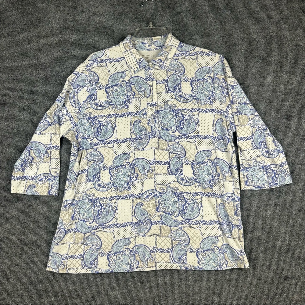 Appleseed's Blue White Paisley Patchwork Polo Top Size 1X